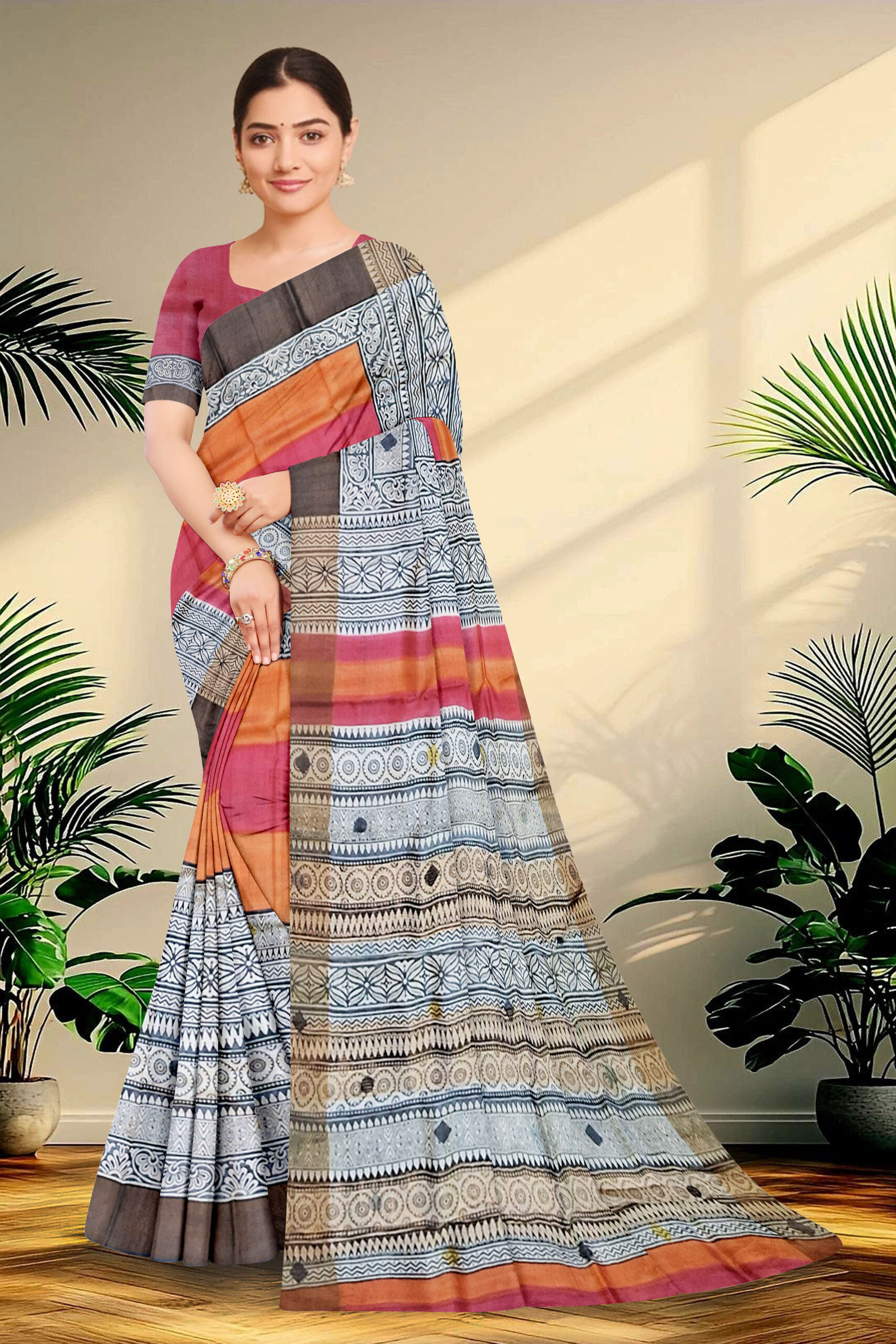Block Printed Zari Tussar Saree
