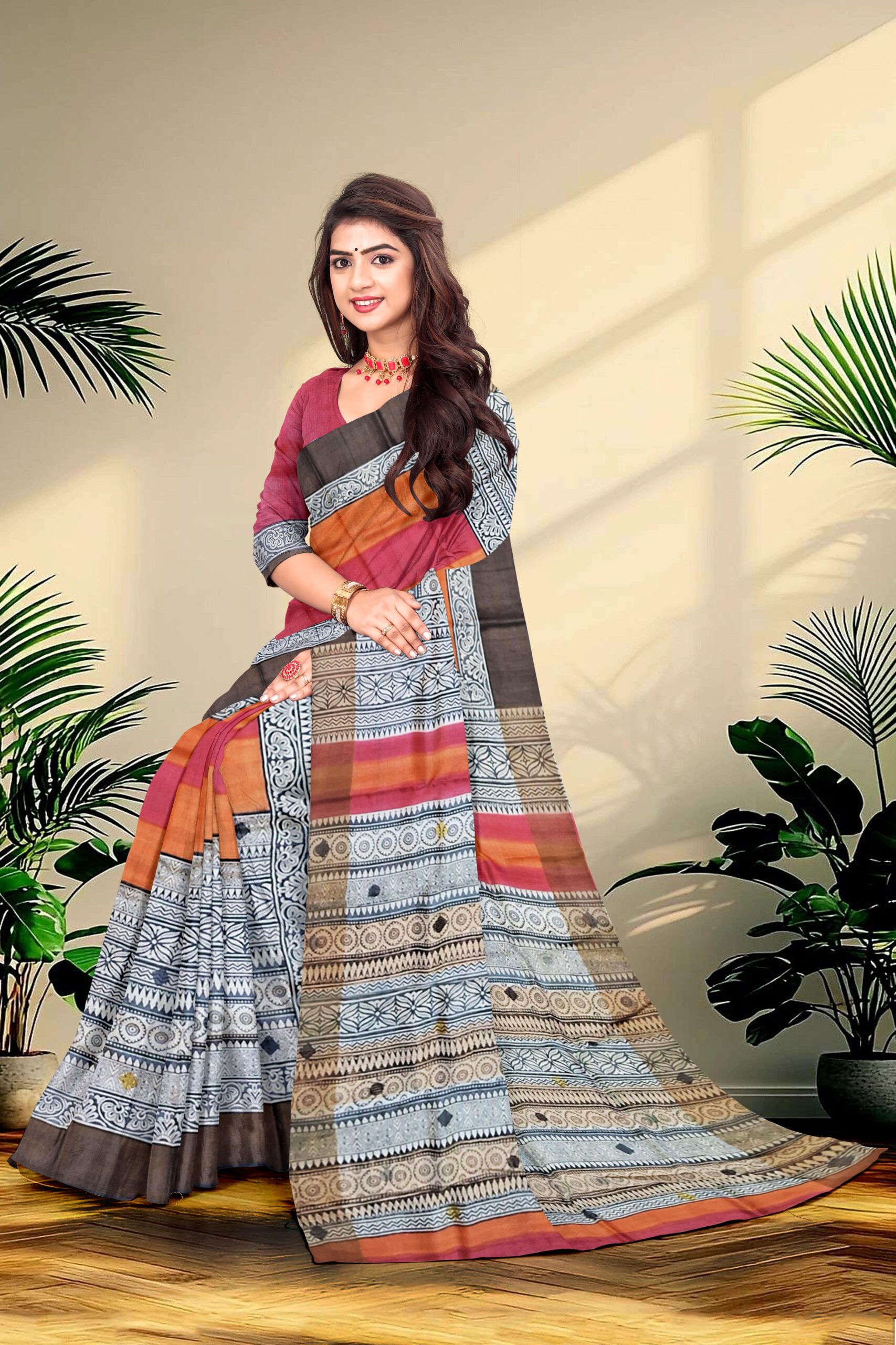 Block Printed Zari Tussar Saree - Image 2