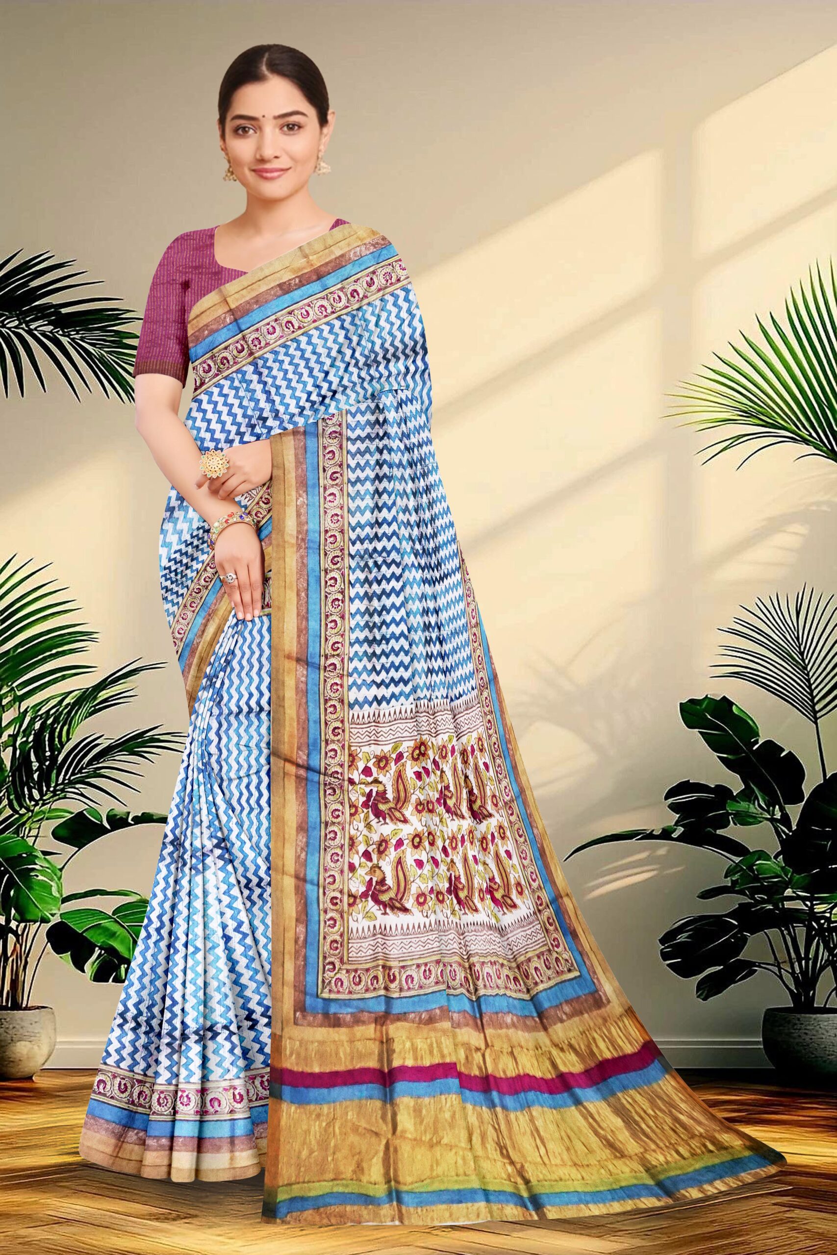Block Printed Zari Tussar Saree