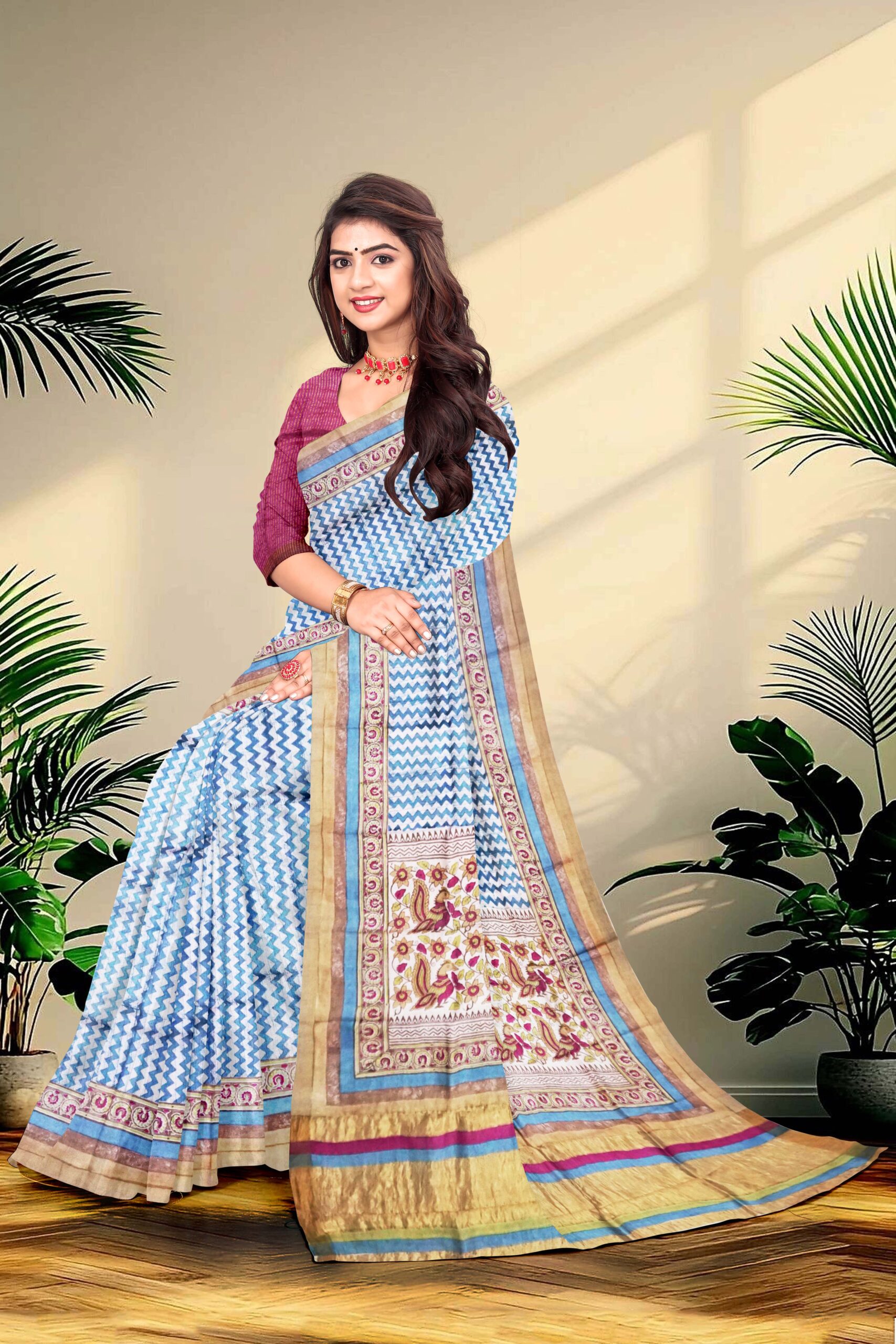 Block Printed Zari Tussar Saree - Image 3