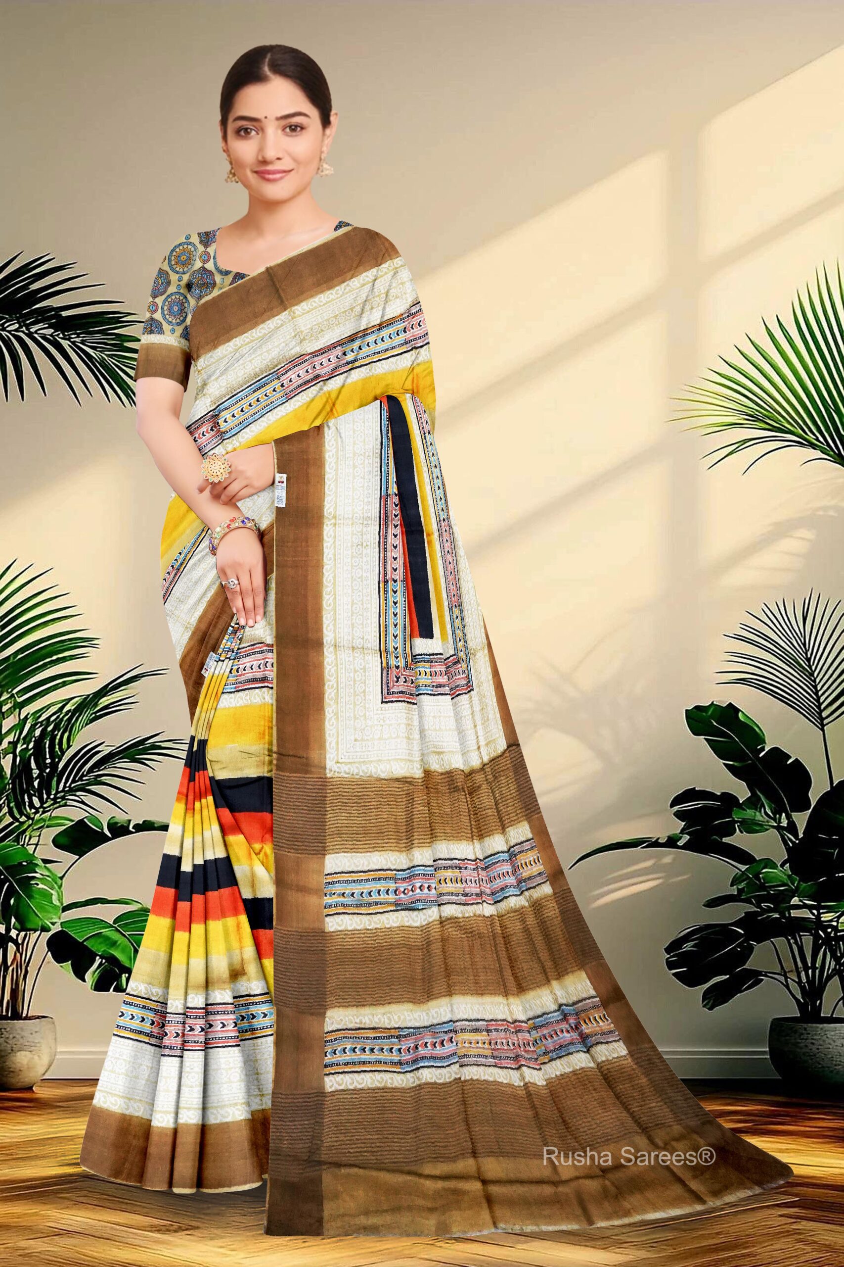 Block Printed Zari Tussar Saree