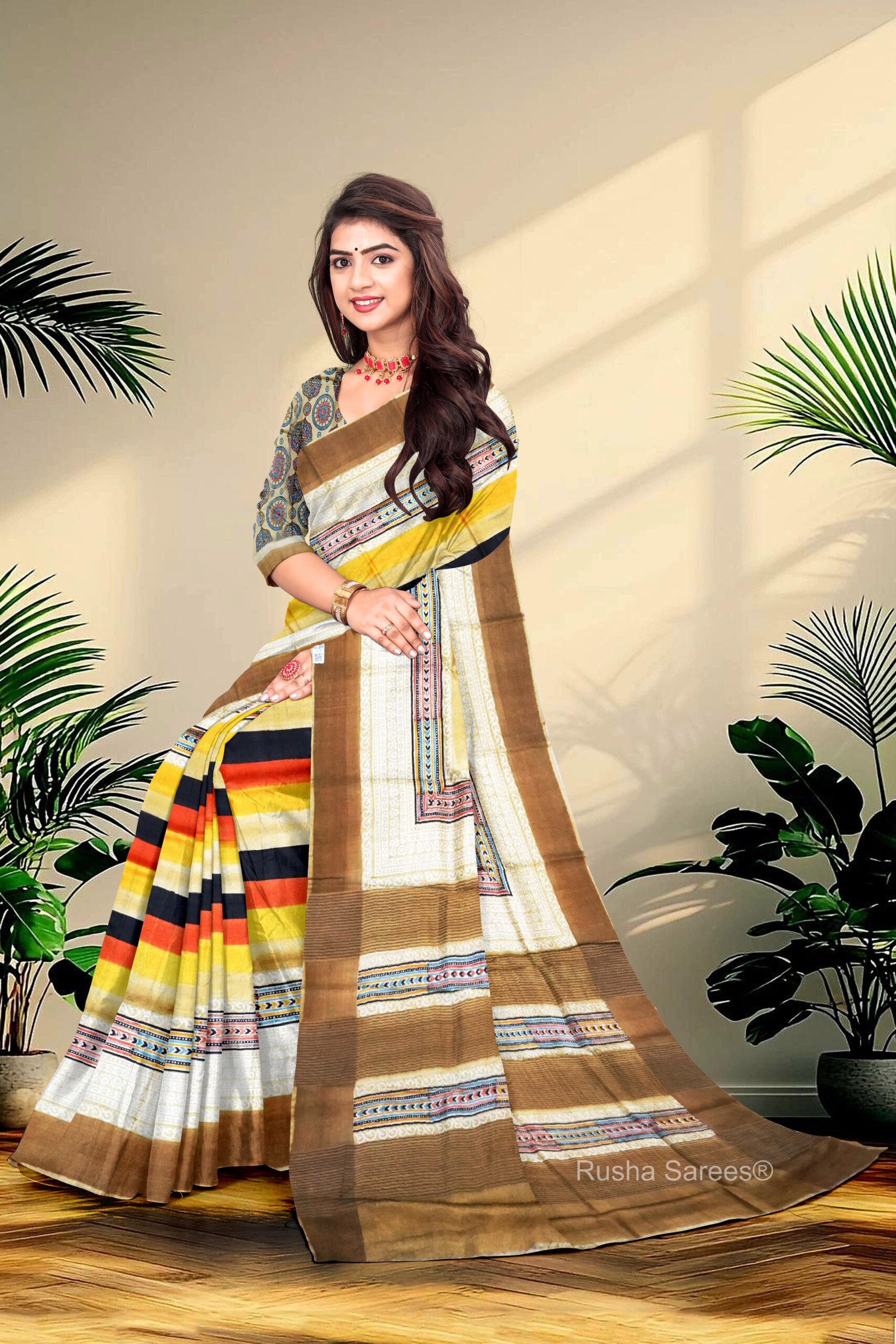 Block Printed Zari Tussar Saree - Image 2