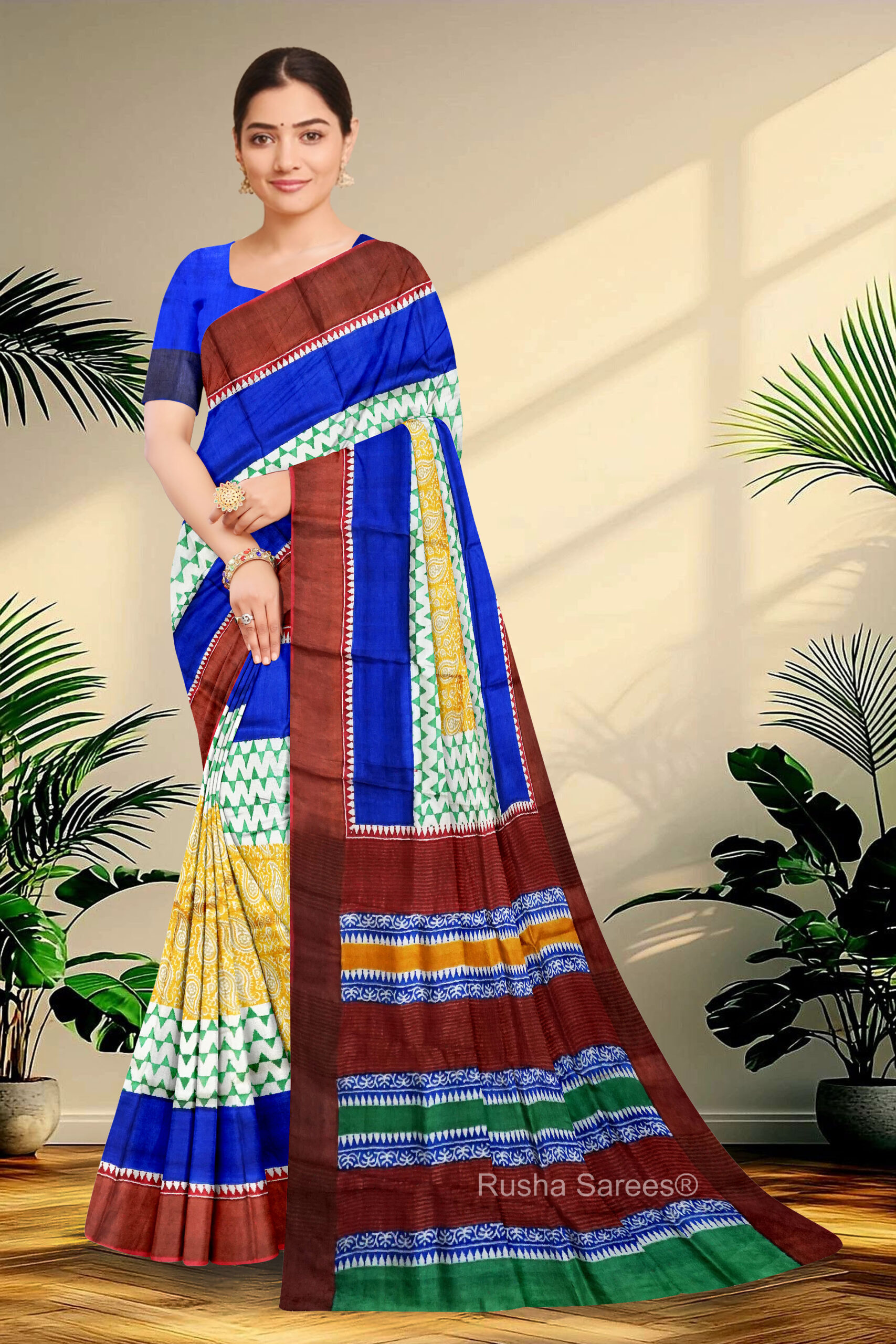 Block Printed Zari Tussar Saree