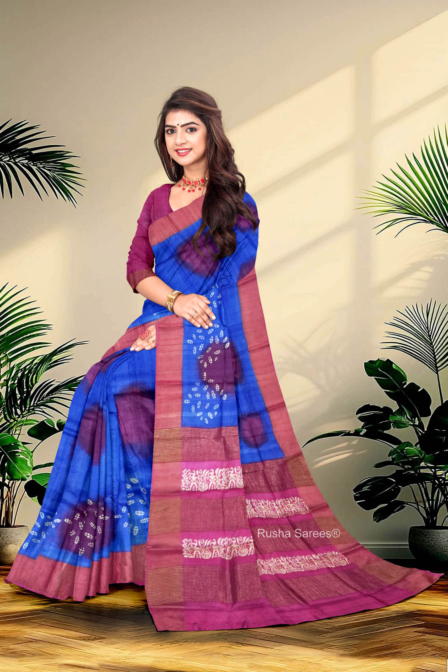 Block Printed Zari Tussar Saree - Image 3