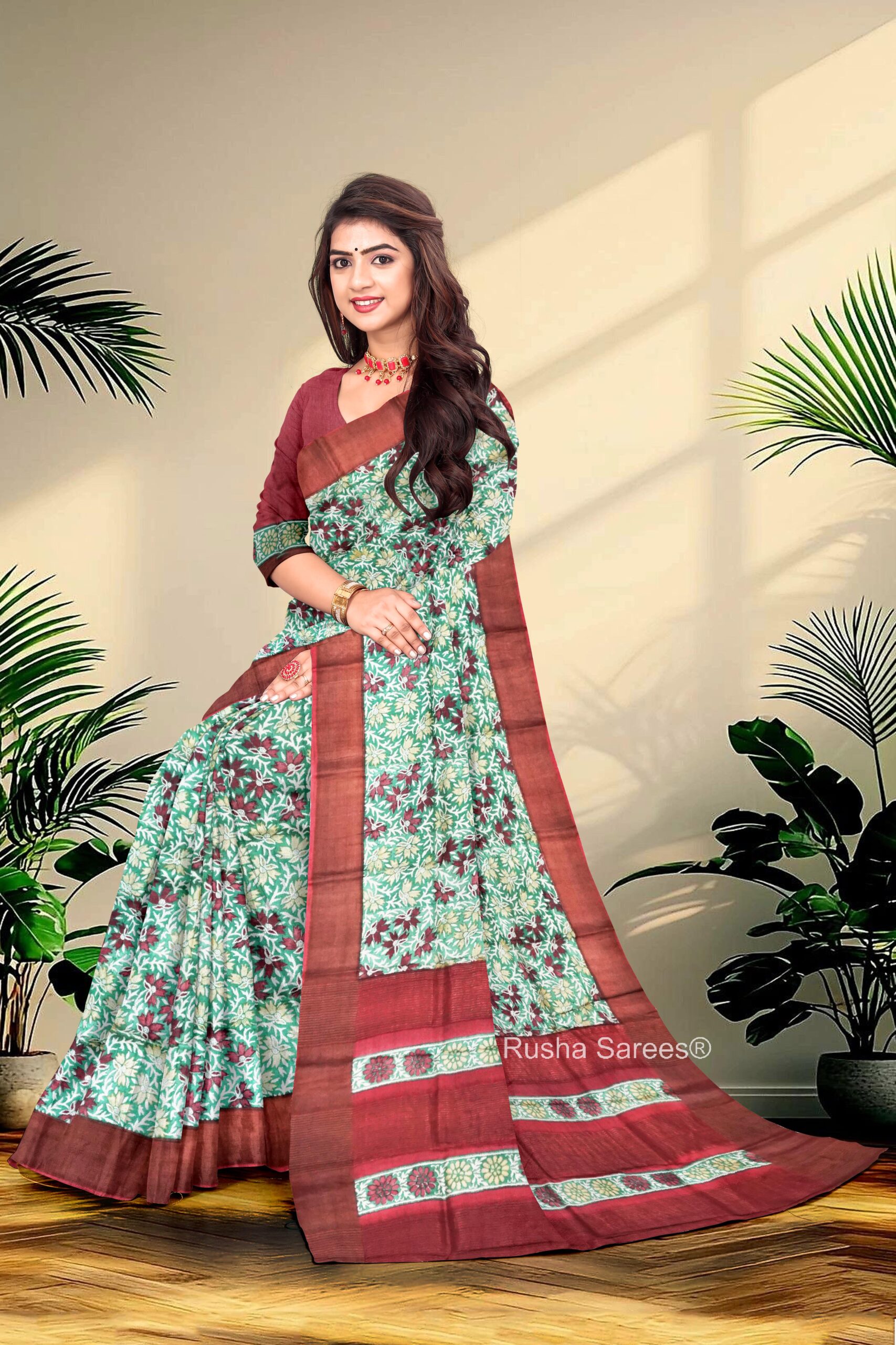 Block Printed Zari Tussar Saree - Image 4