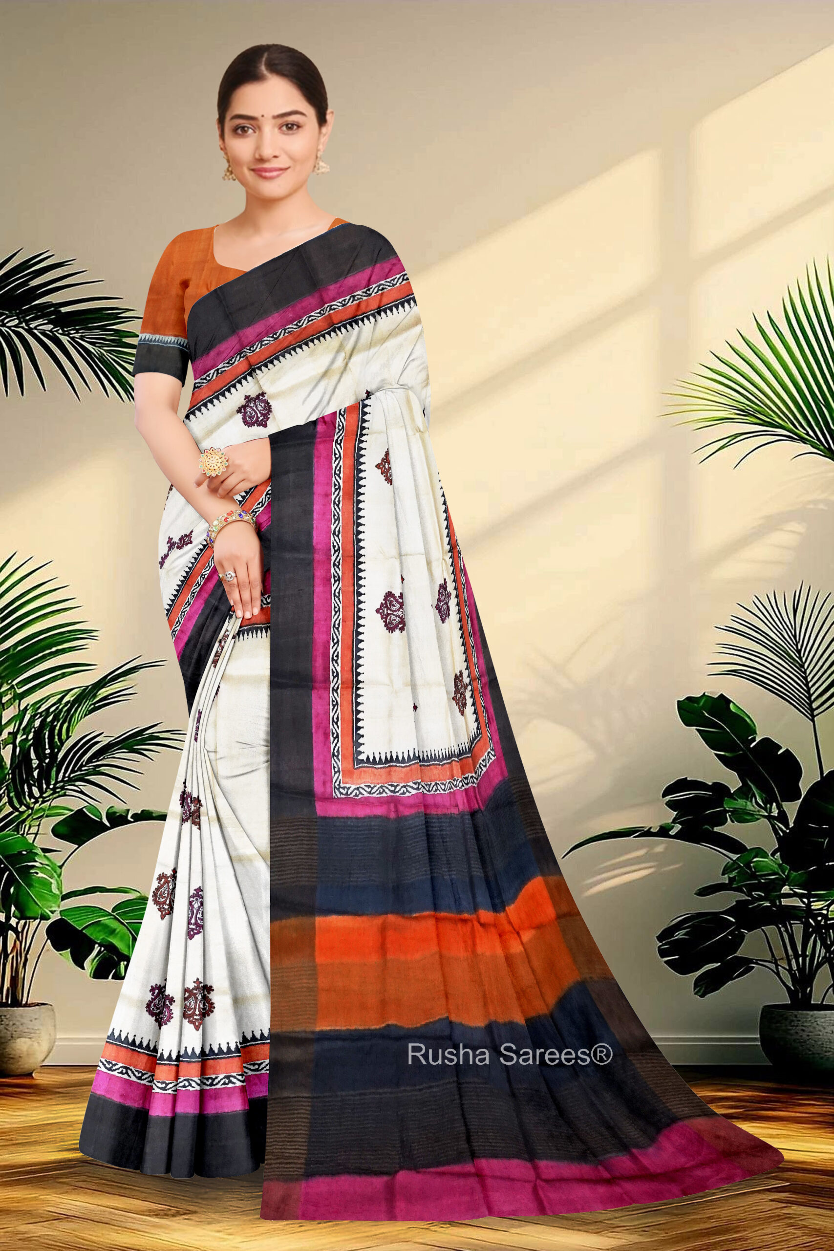 Block Printed Zari Tussar Saree