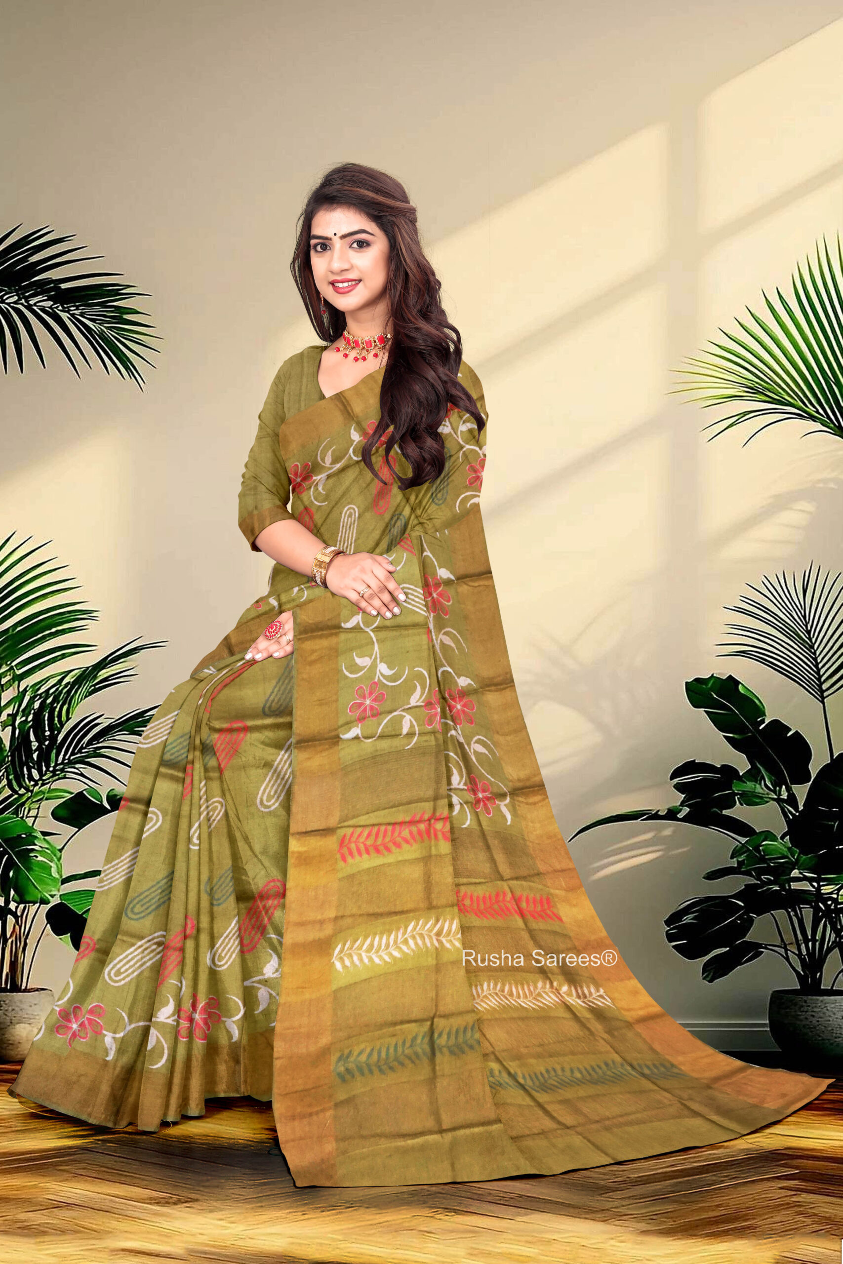 Block Printed Zari Tussar Saree - Image 3