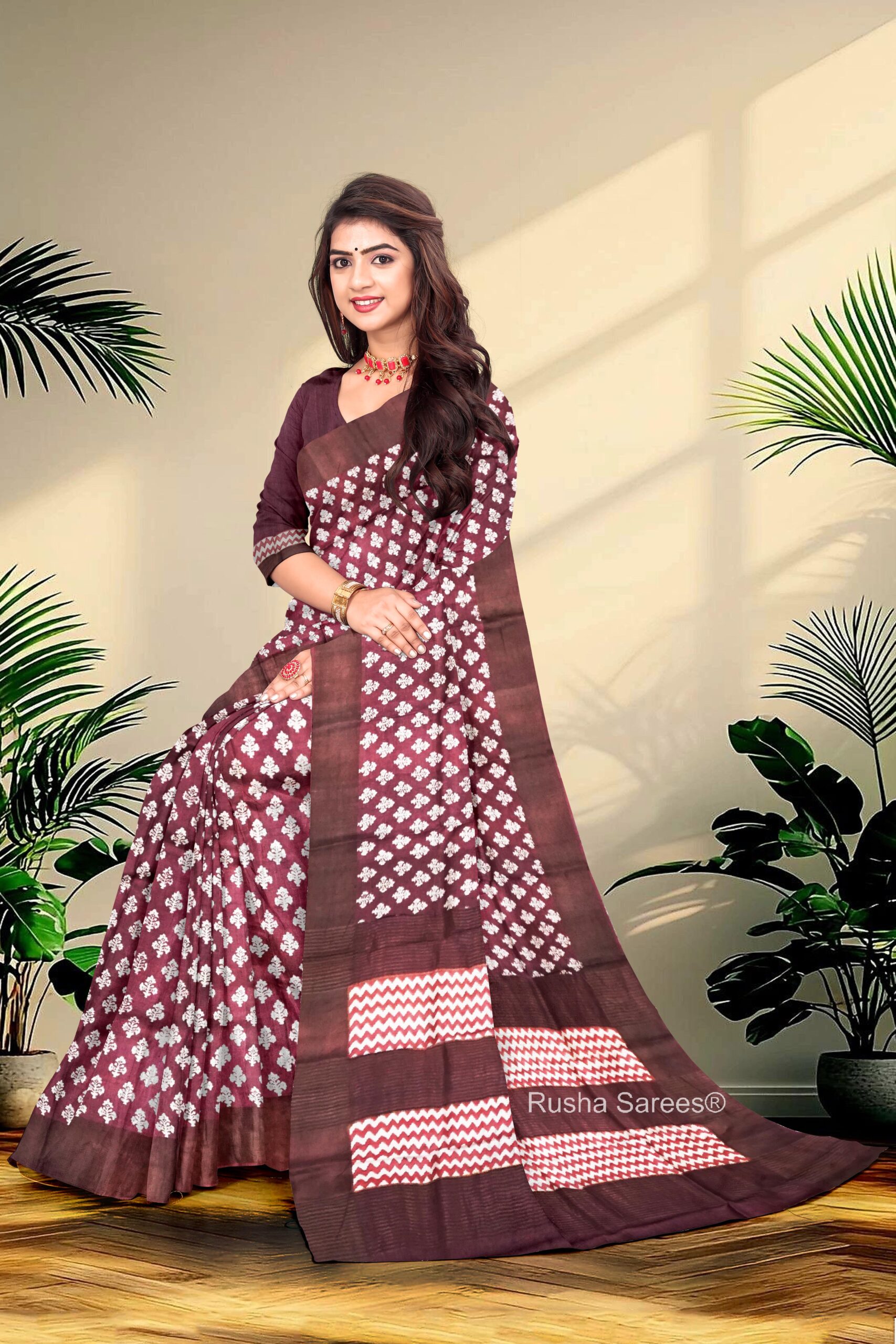 Block Printed Zari Tussar Saree - Image 3