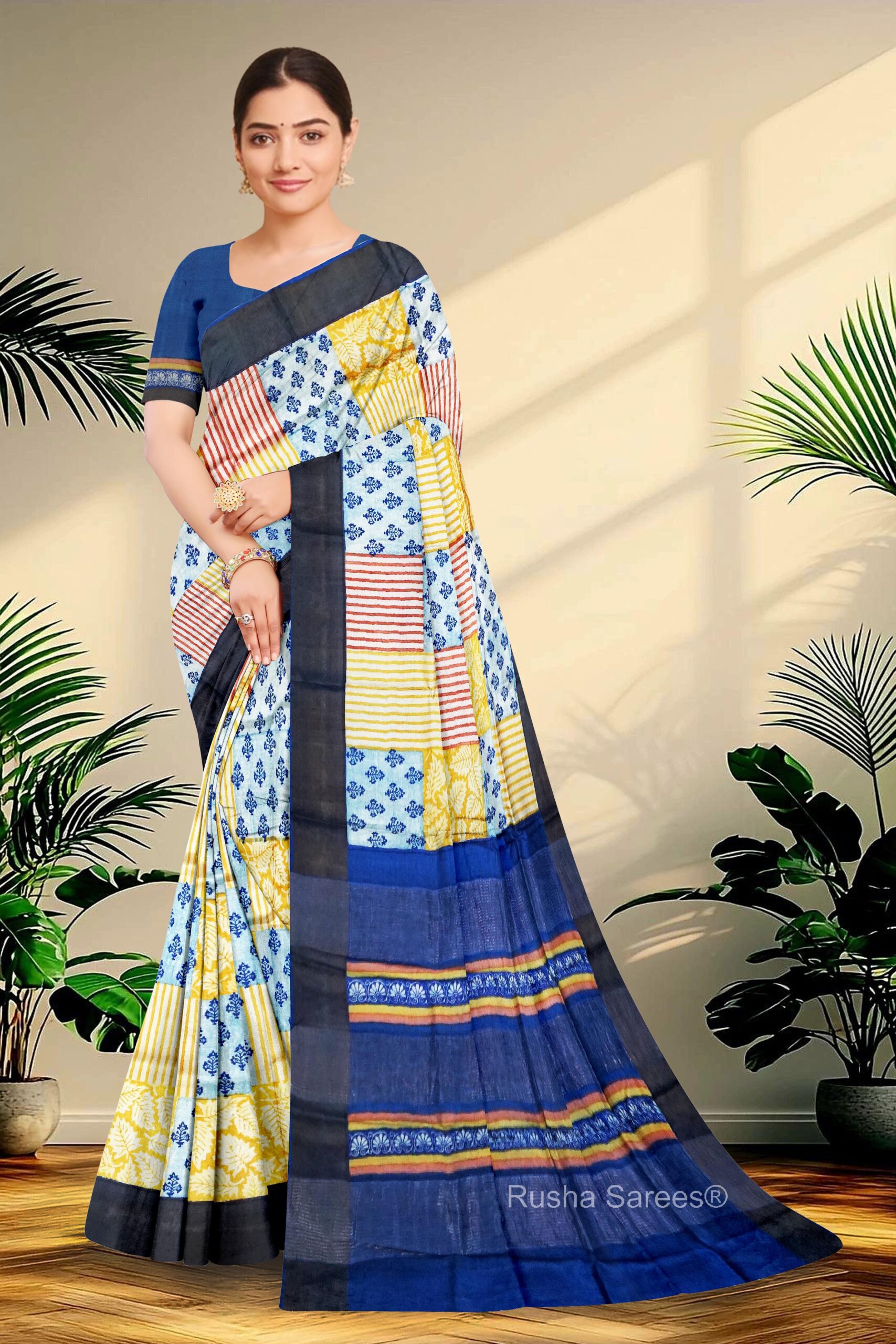 Block Printed Zari Tussar Saree