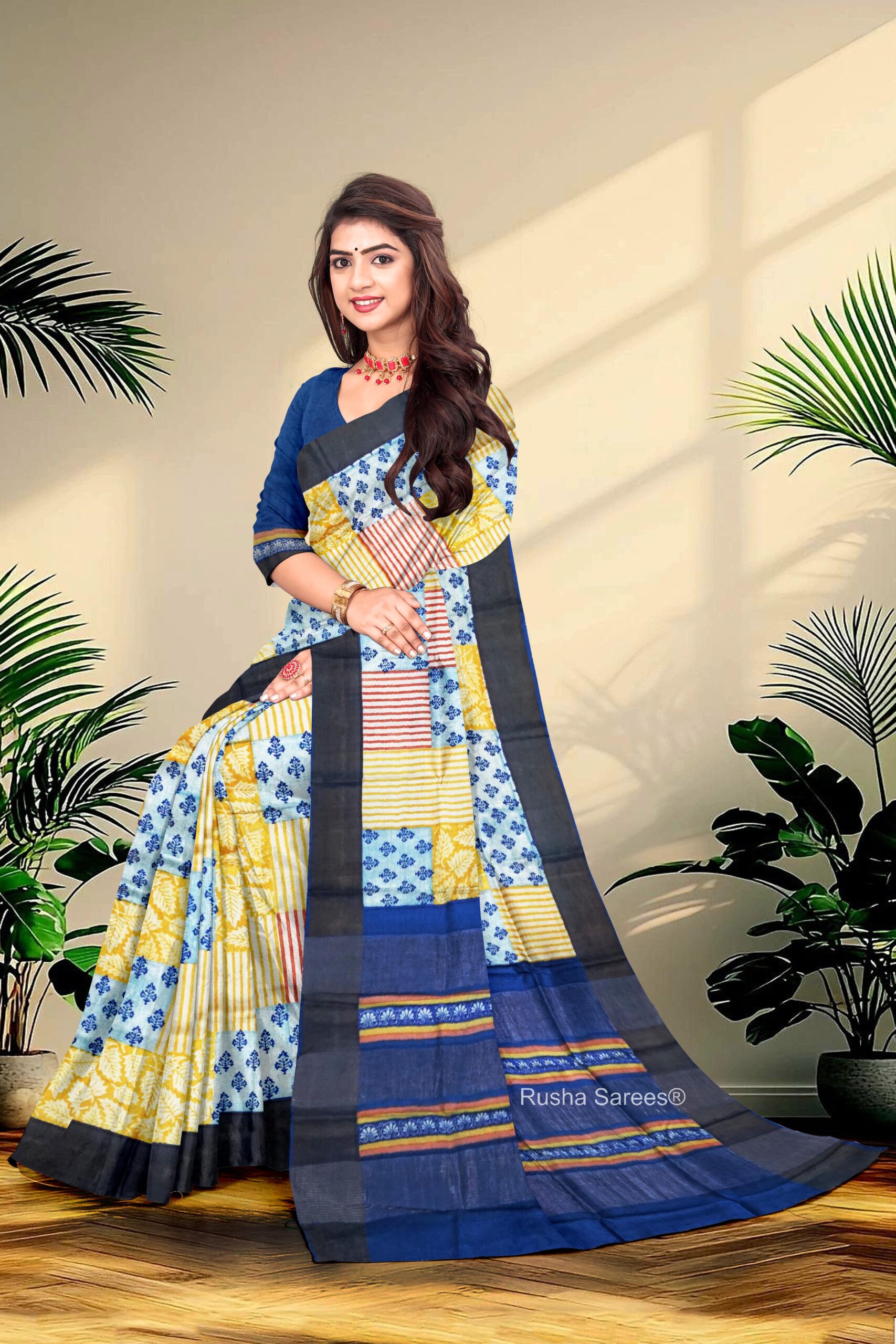 Block Printed Zari Tussar Saree - Image 3
