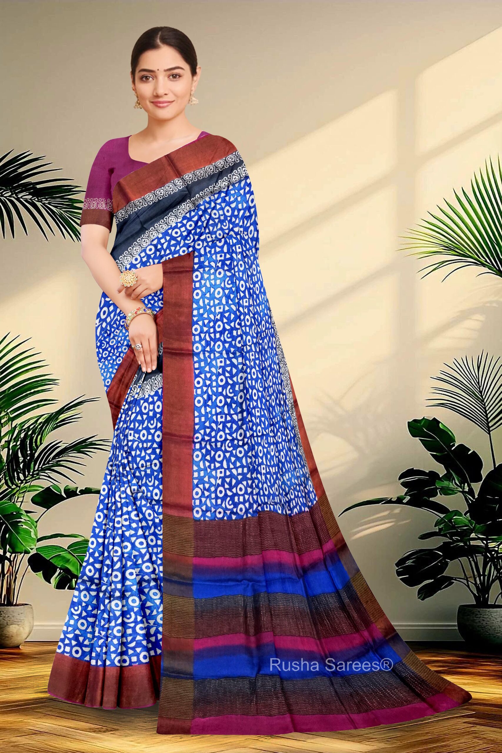 Block Printed Zari Tussar Saree