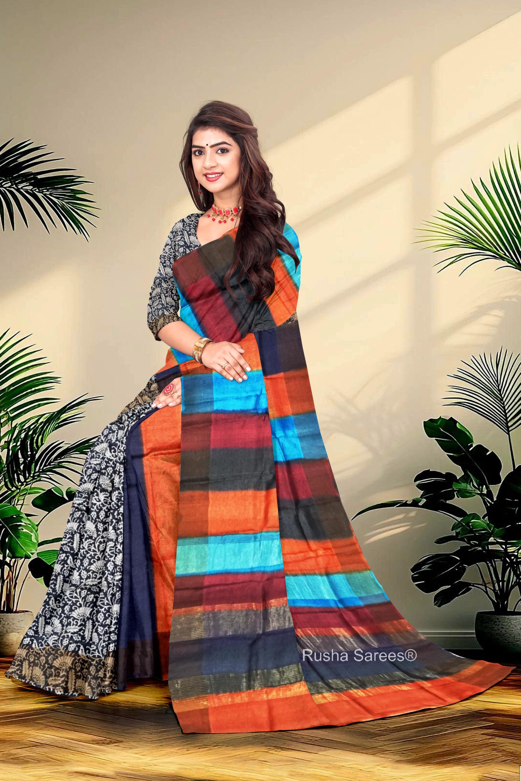 Block Printed Zari Tussar Saree - Image 3