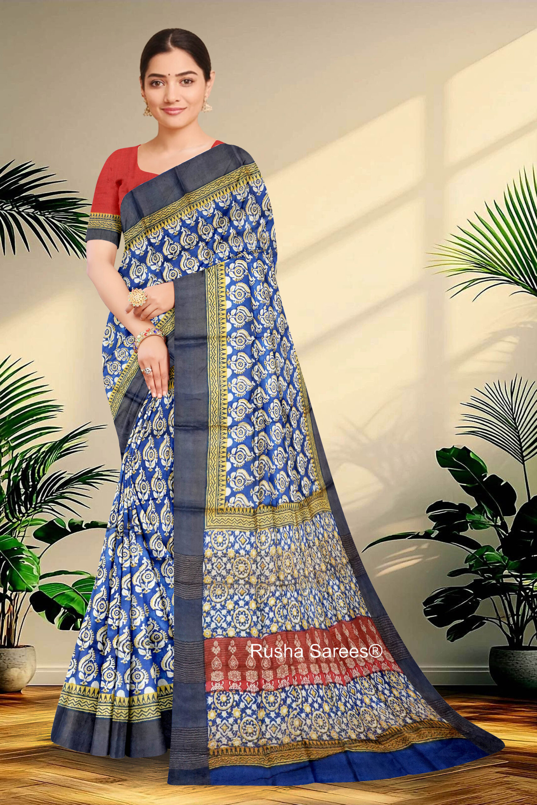 Block Printed Zari Tussar Saree
