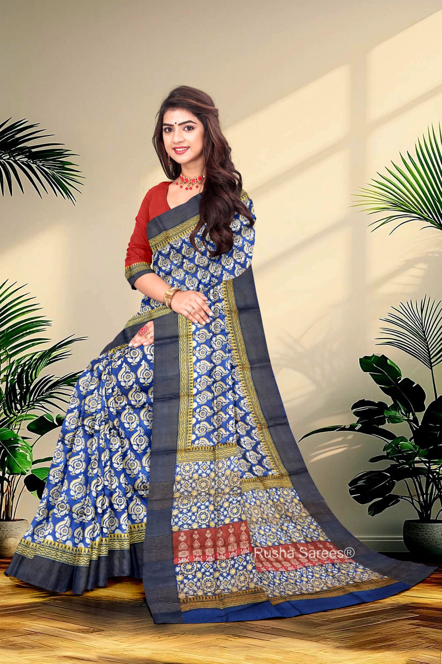 Block Printed Zari Tussar Saree - Image 3