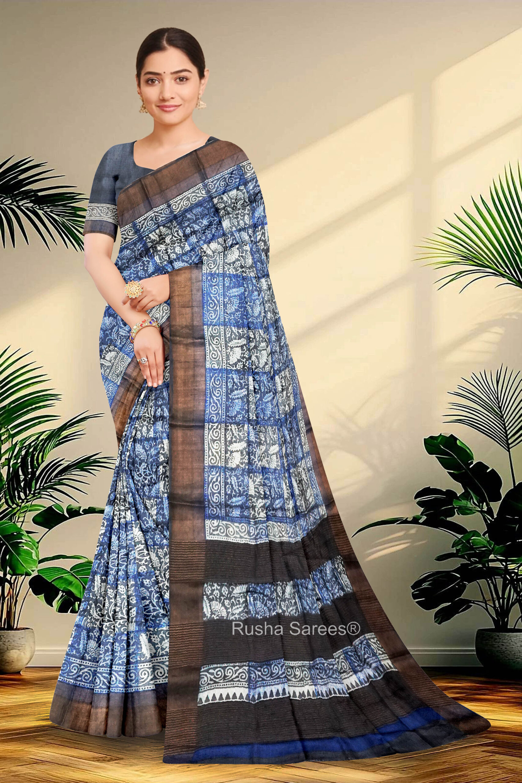 Block Printed Zari Tussar Saree