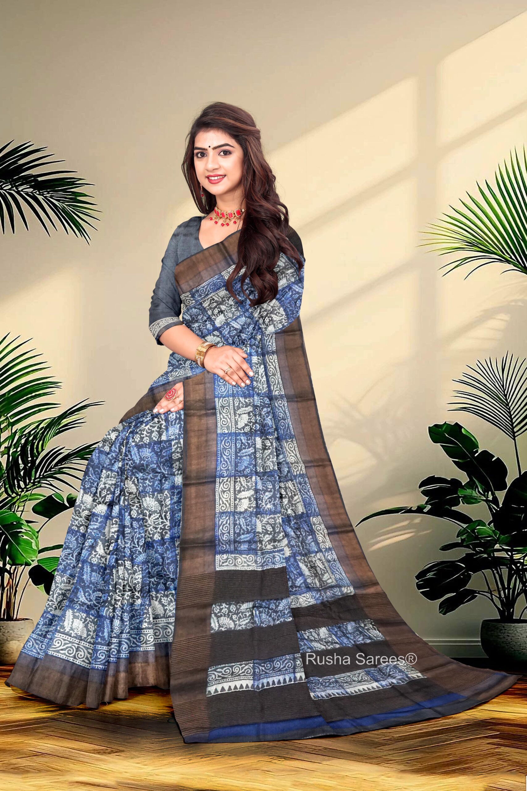 Block Printed Zari Tussar Saree - Image 3