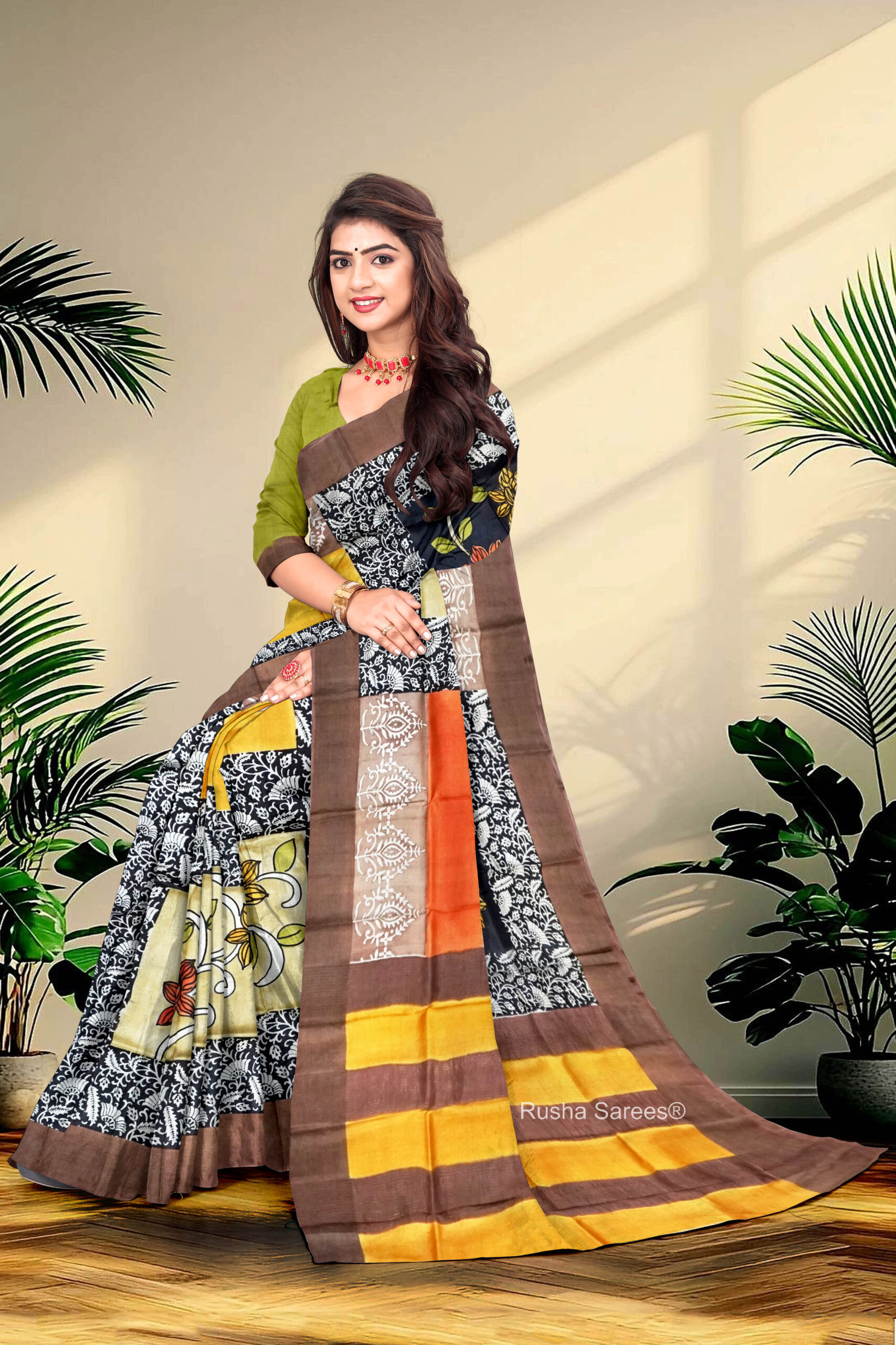 Block Printed Zari Tussar Saree - Image 3