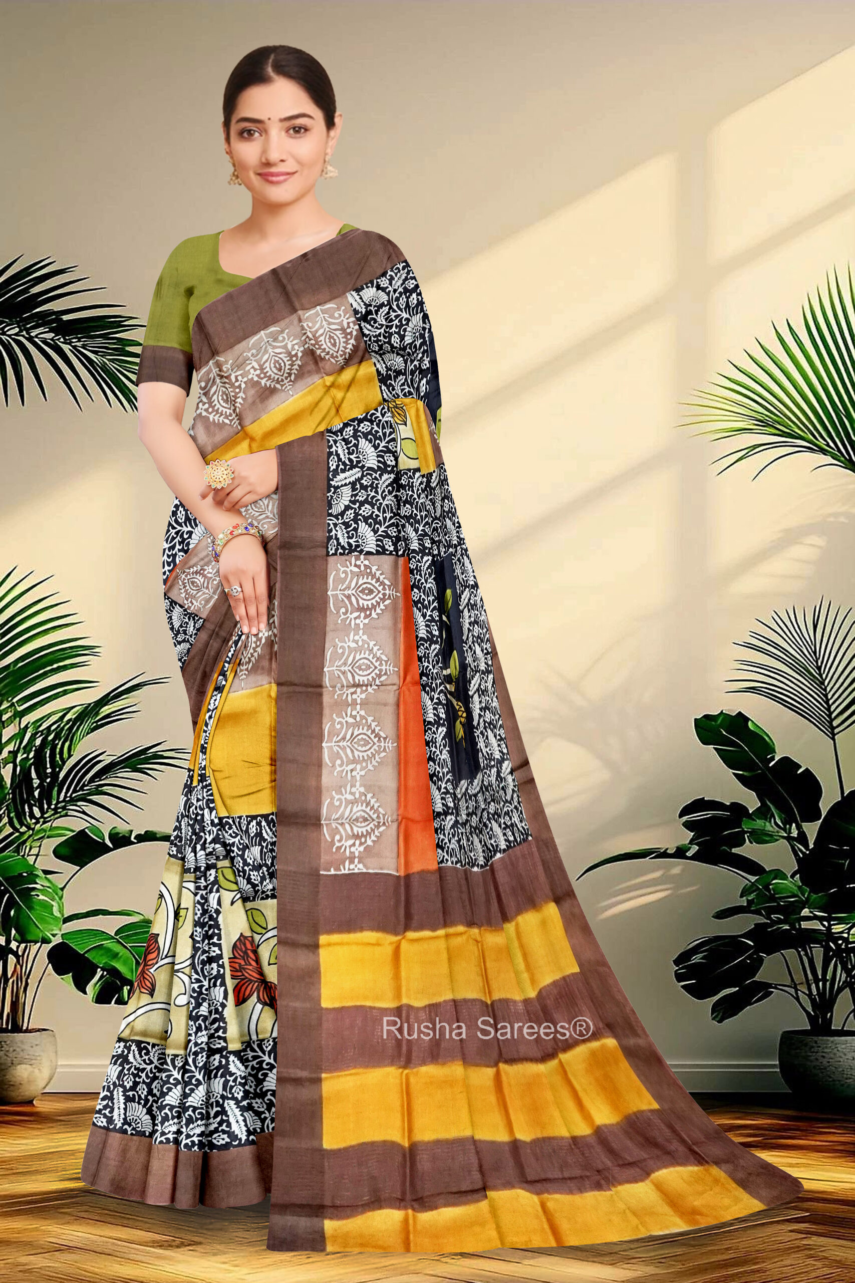 Block Printed Zari Tussar Saree