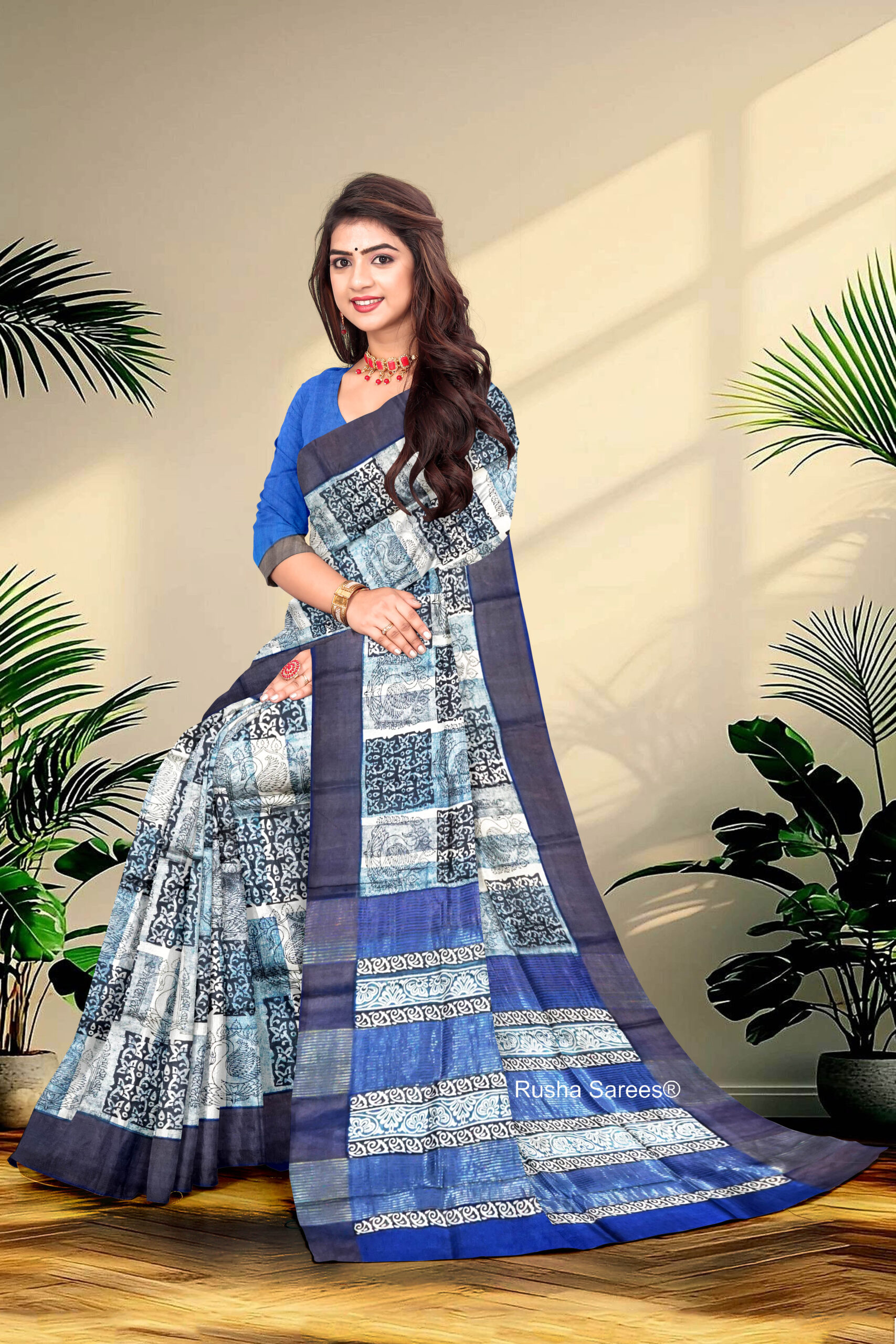 Block Printed Zari Tussar Saree - Image 3