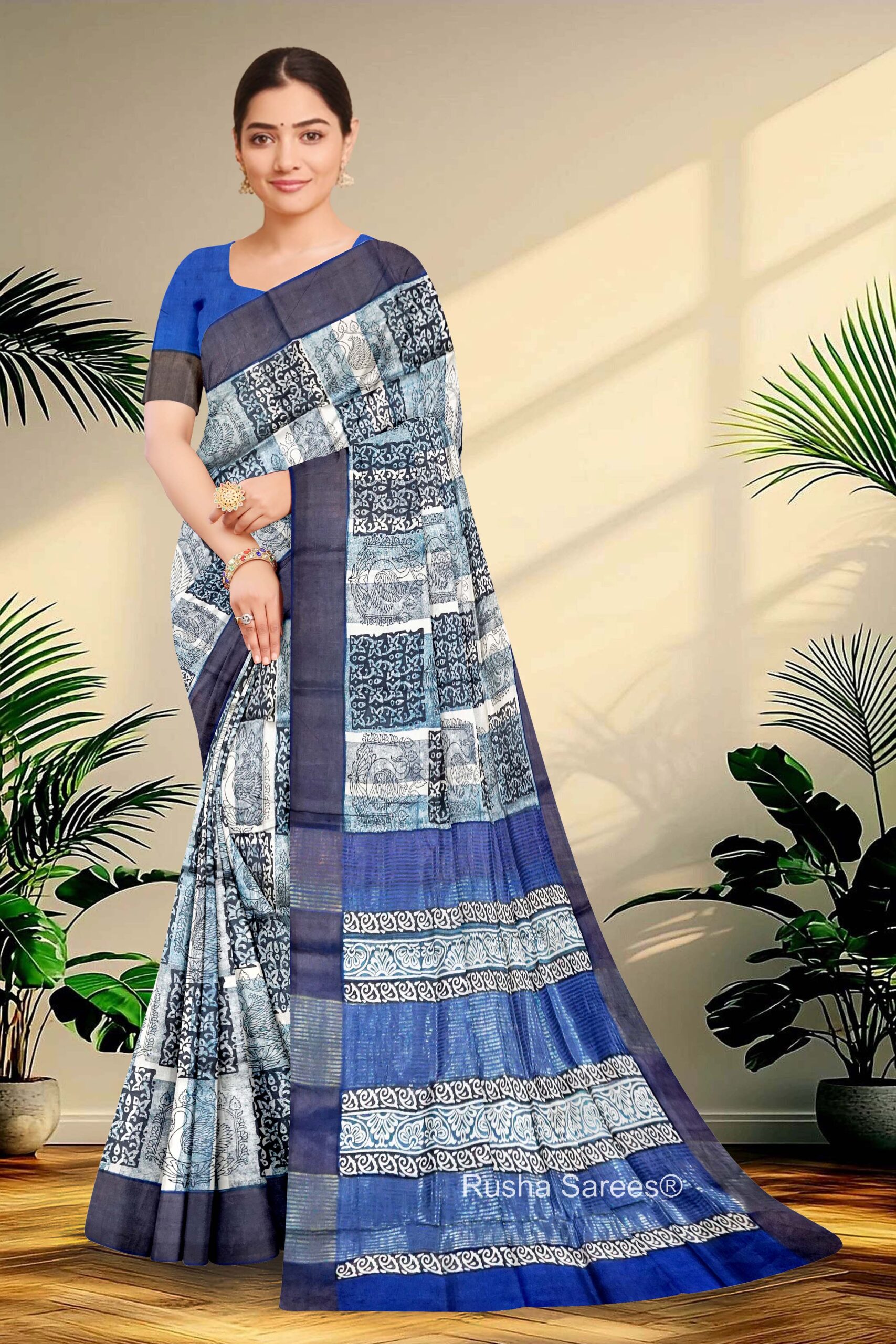 Block Printed Zari Tussar Saree