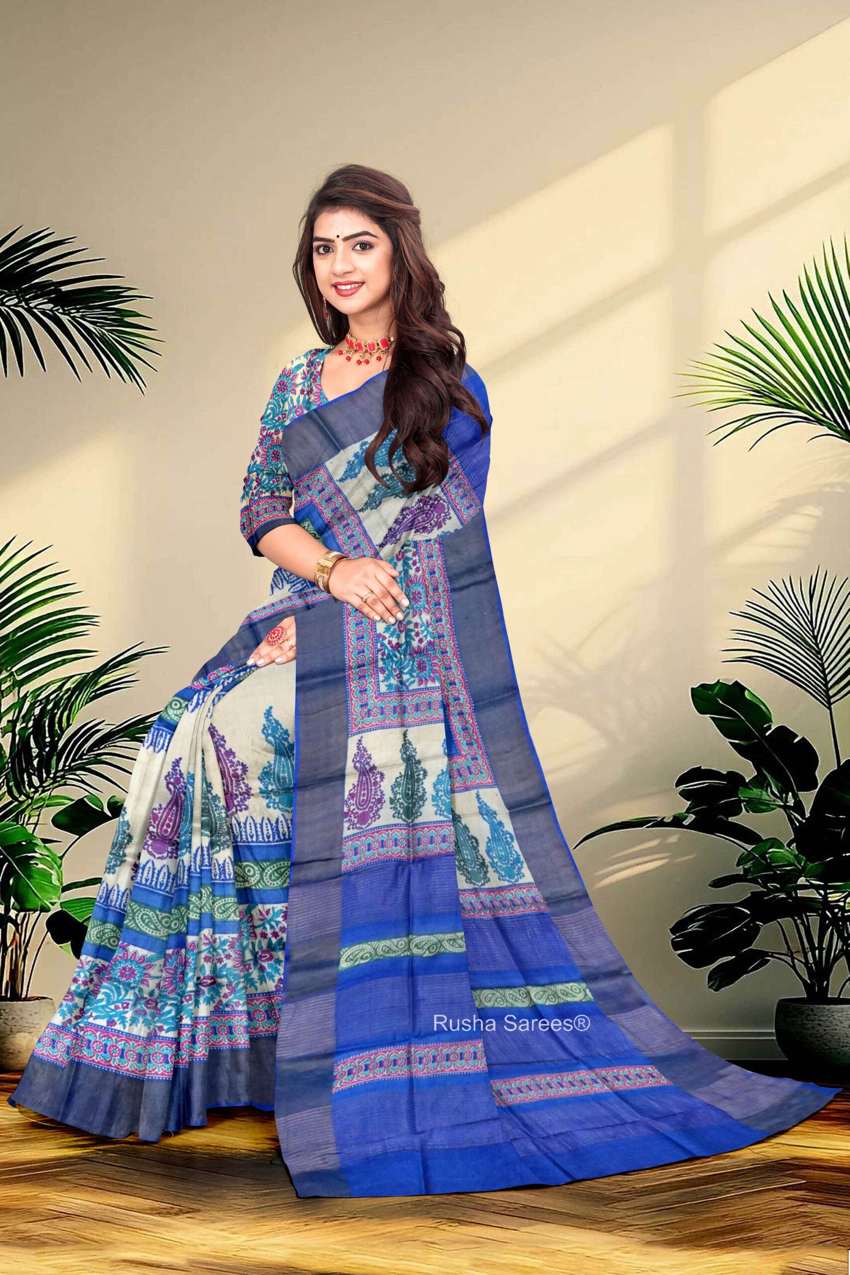 Block Printed Zari Tussar Saree - Image 5