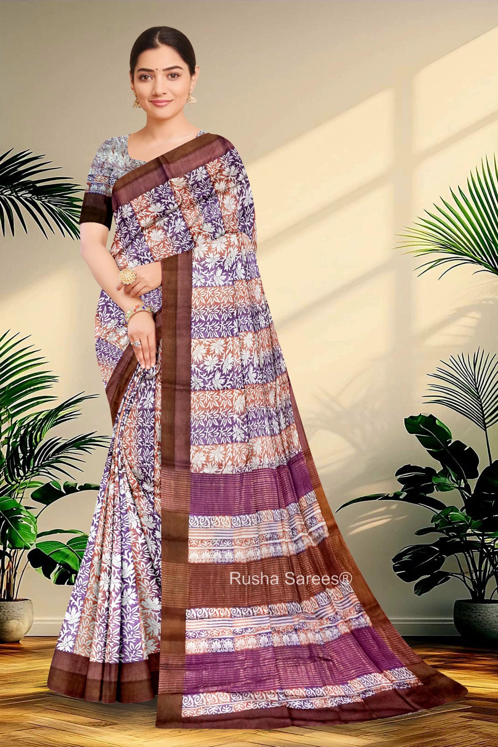Block Printed Zari Tussar Saree