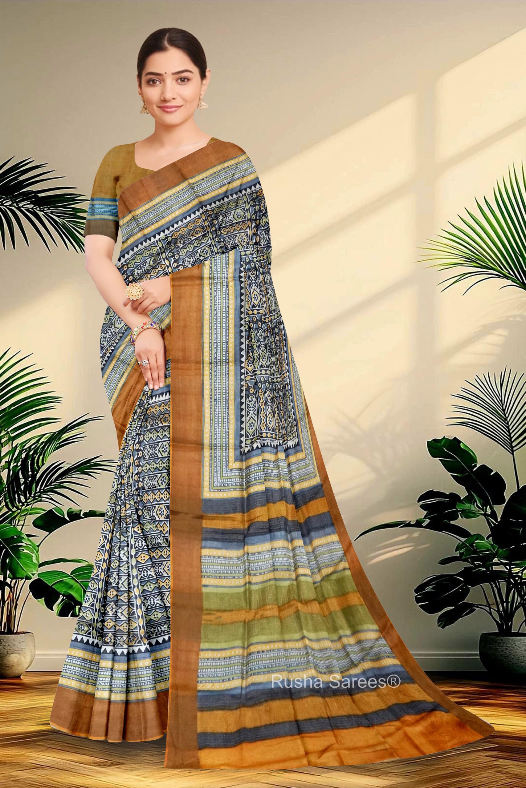 Block Printed Zari Tussar Saree
