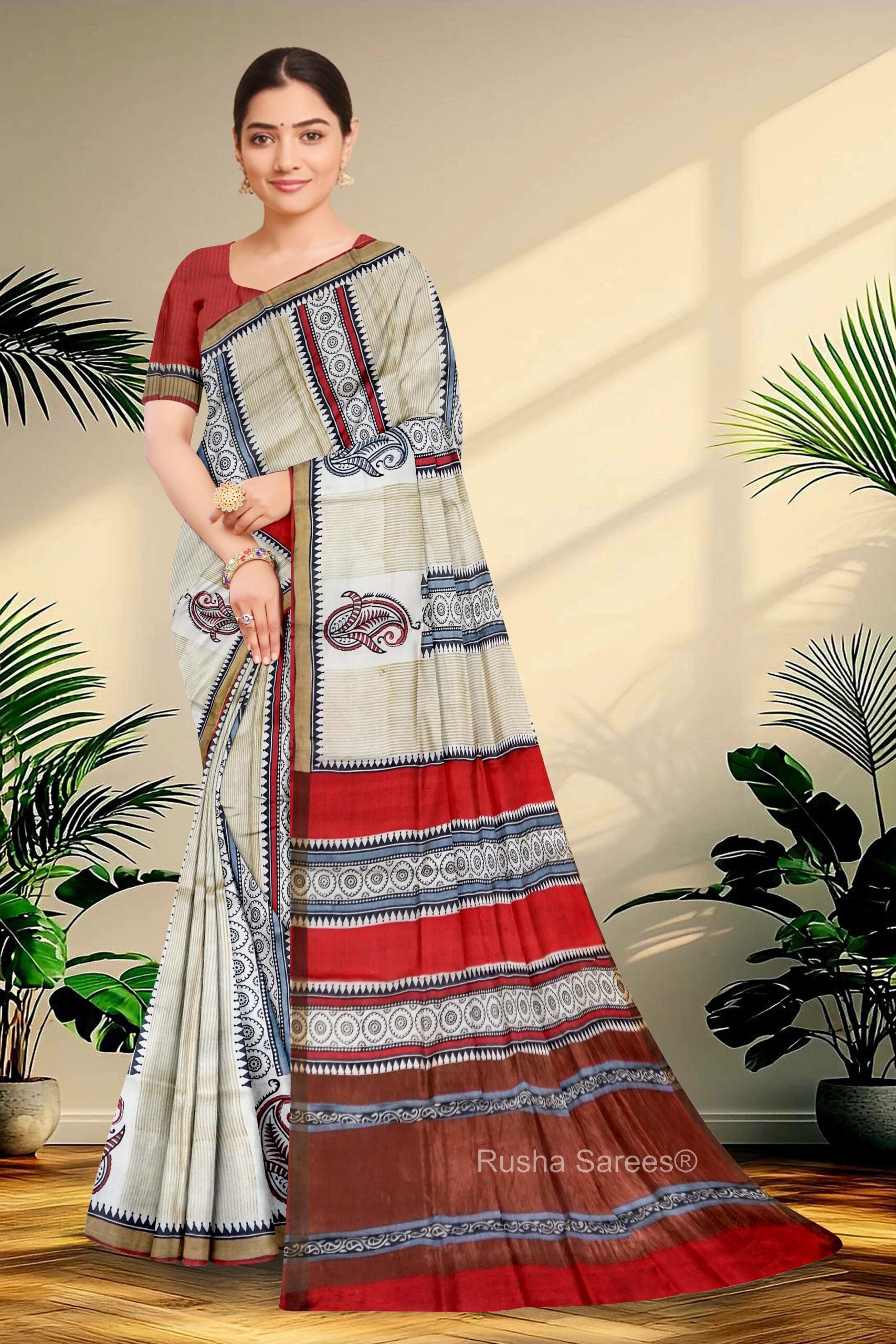 Block Printed Zari Tussar Saree