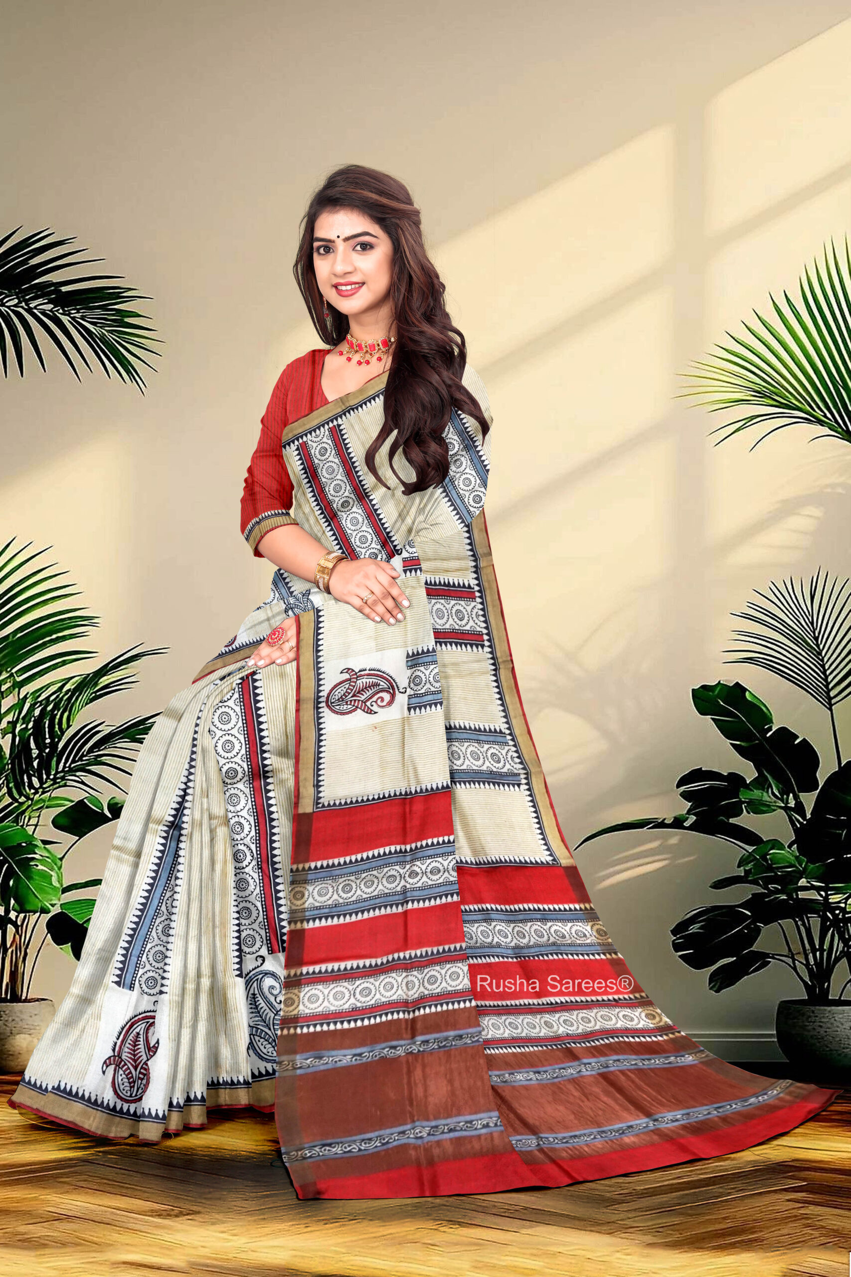 Block Printed Zari Tussar Saree - Image 3