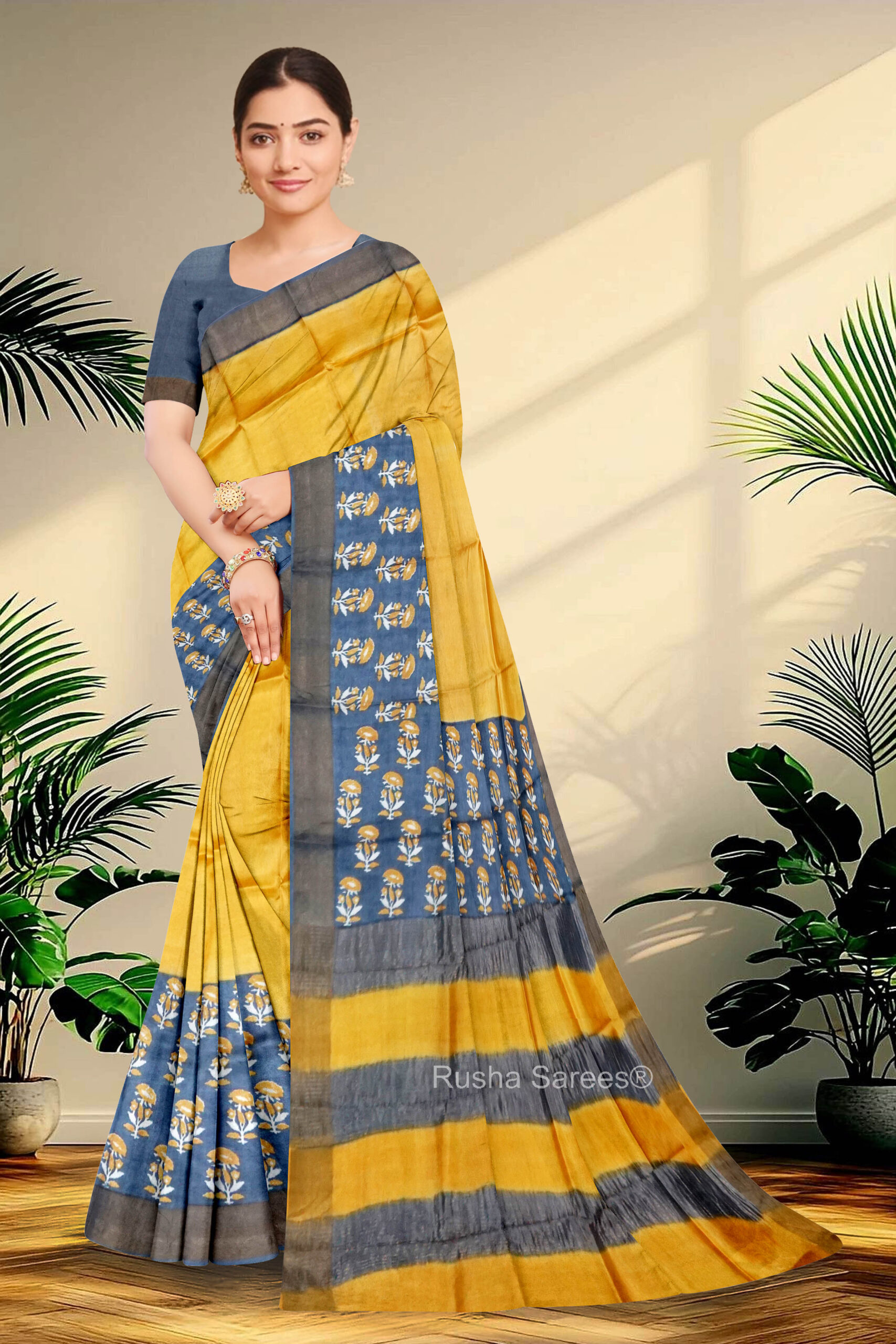Block Printed Zari Tussar Saree