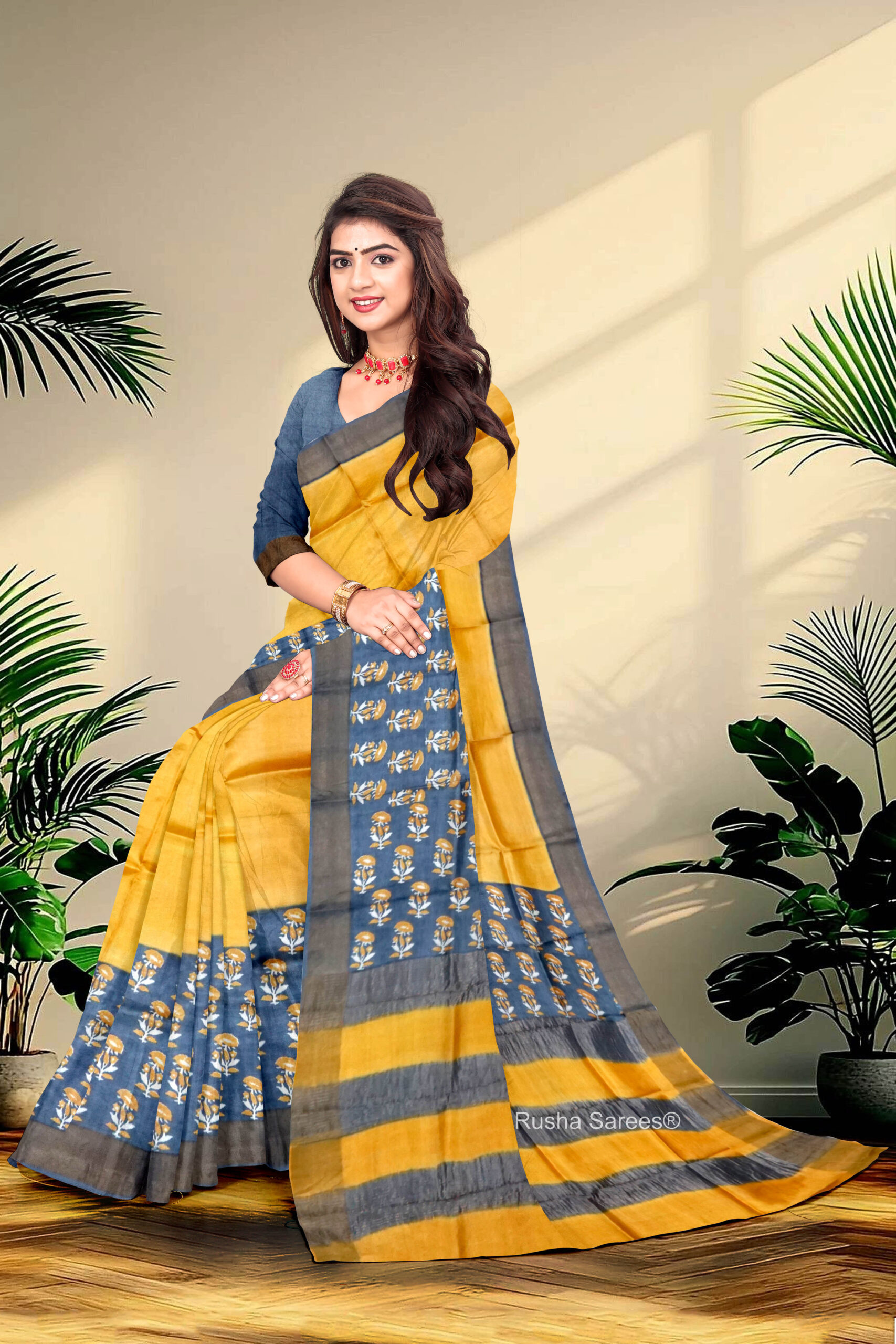 Block Printed Zari Tussar Saree - Image 3