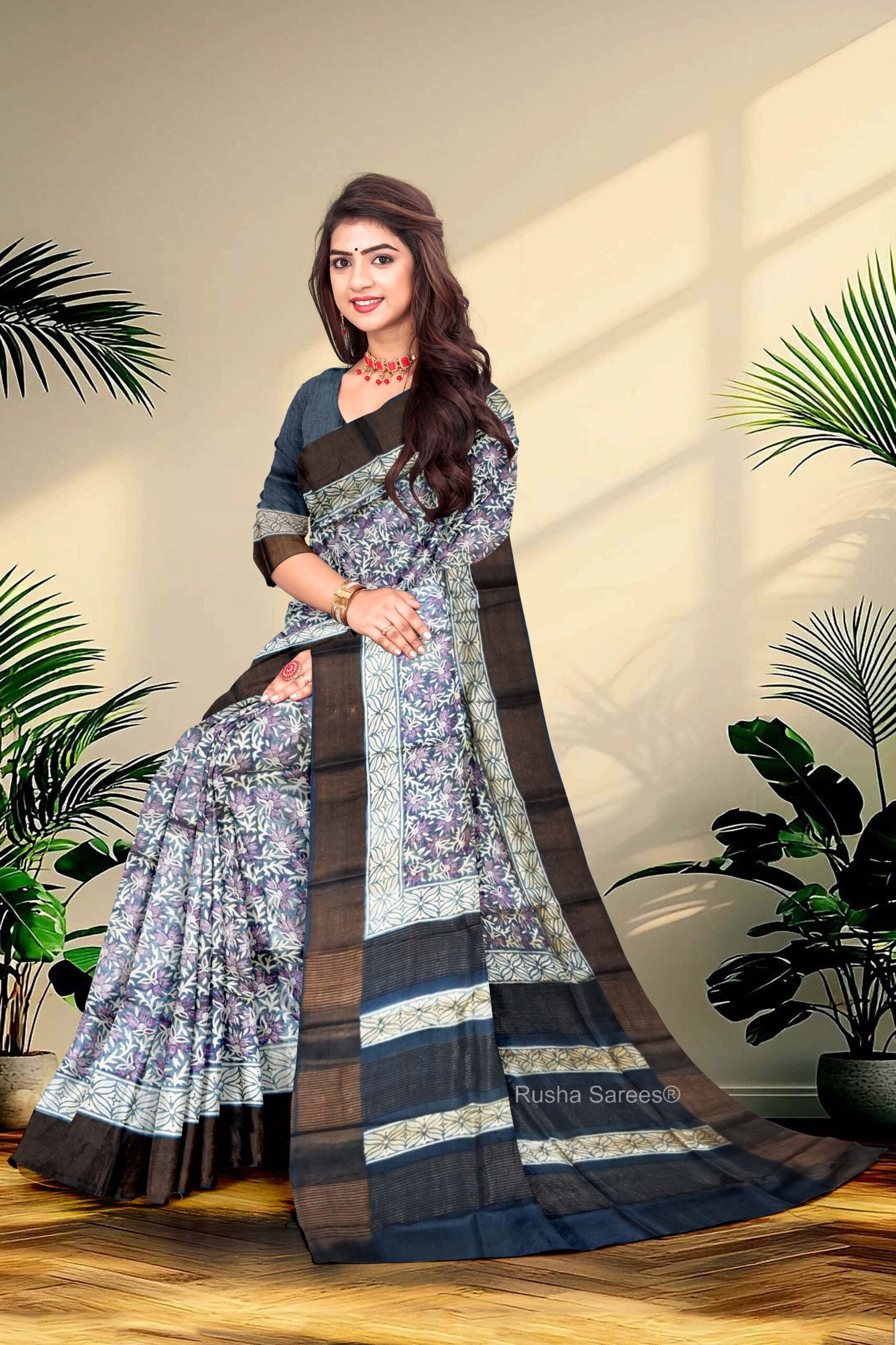 Block Printed Zari Tussar Saree - Image 3