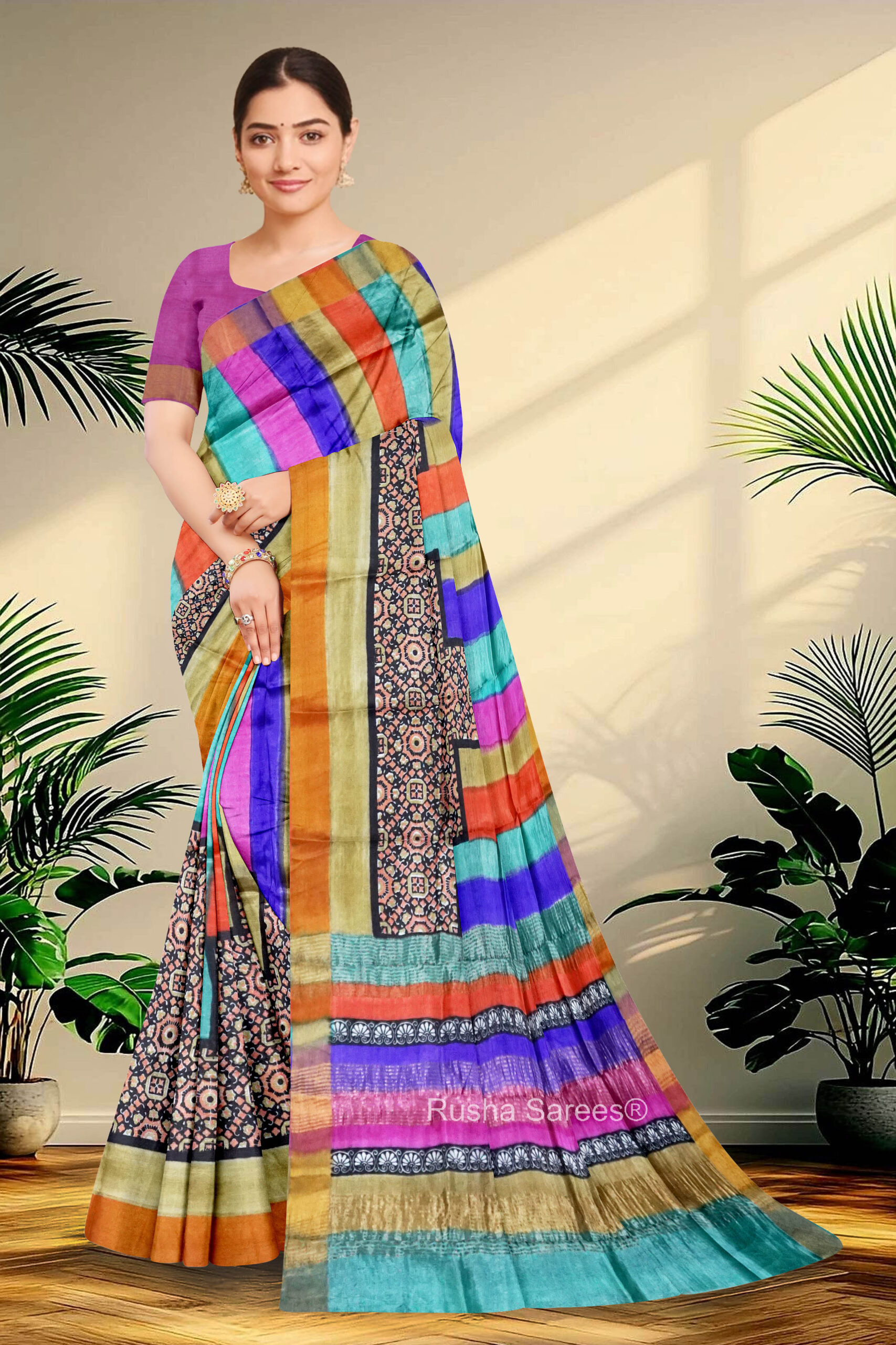 Block Printed Zari Tussar Saree