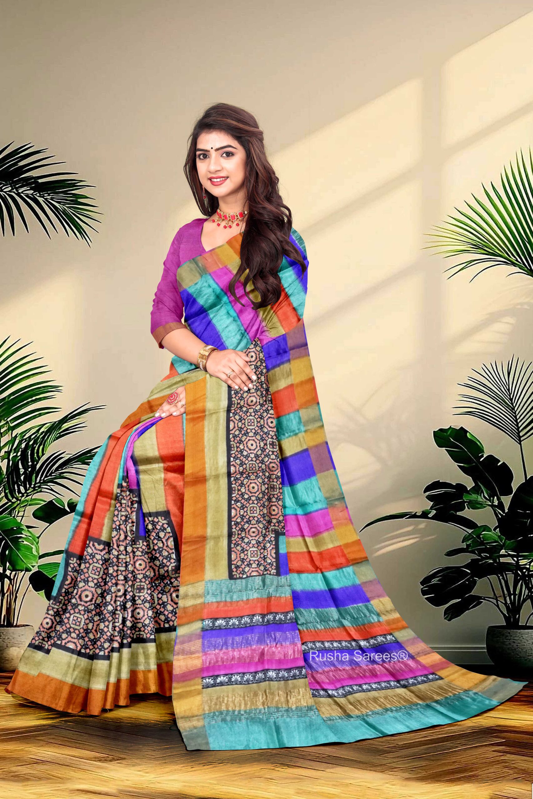 Block Printed Zari Tussar Saree - Image 3