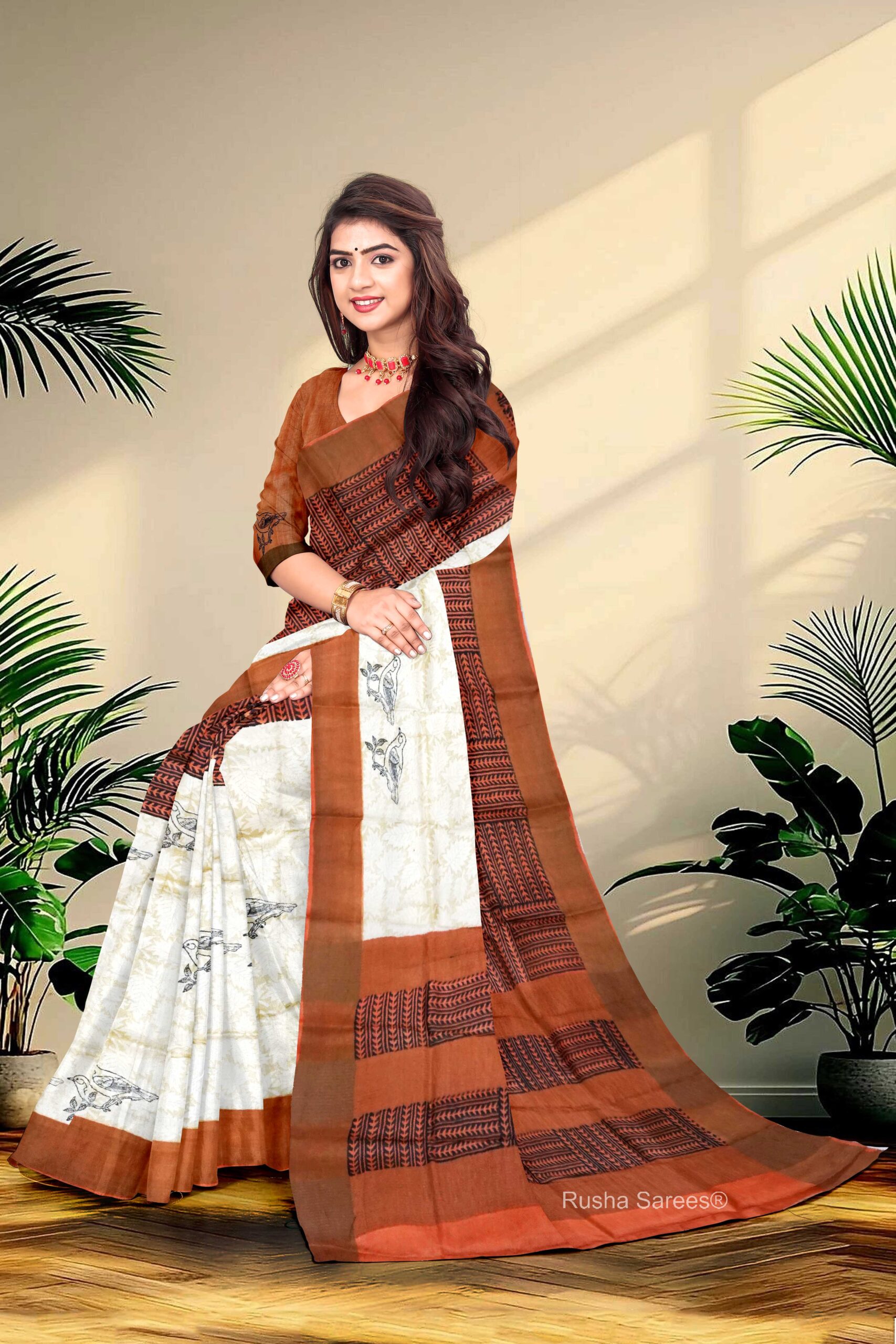 Block Printed Zari Tussar Saree - Image 3